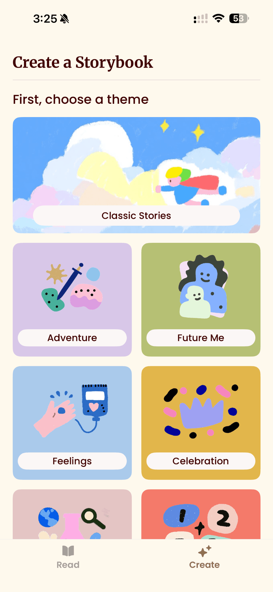 Nara app interface for co-creating personalized bedtime stories